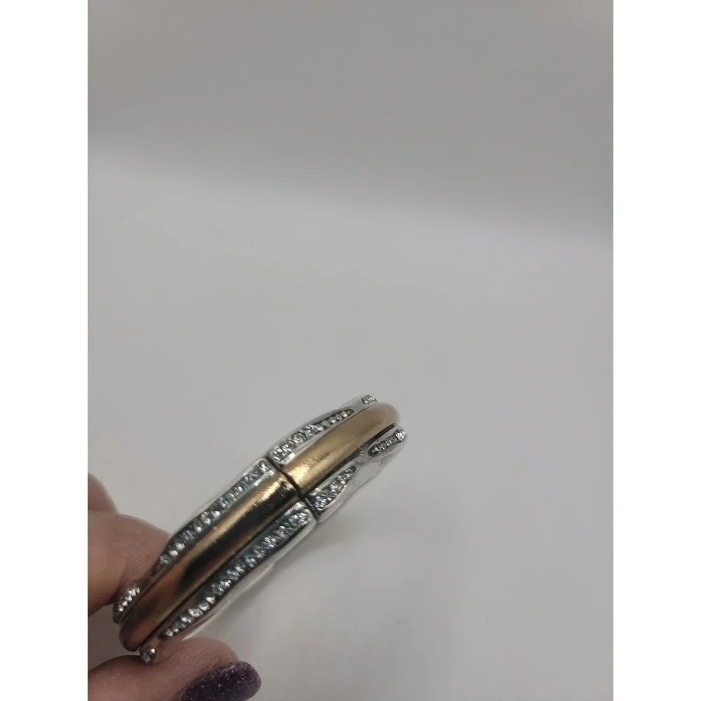 Brighton Two Tone Gold Silver Crystal Hinged Bangle Bracelet Signed